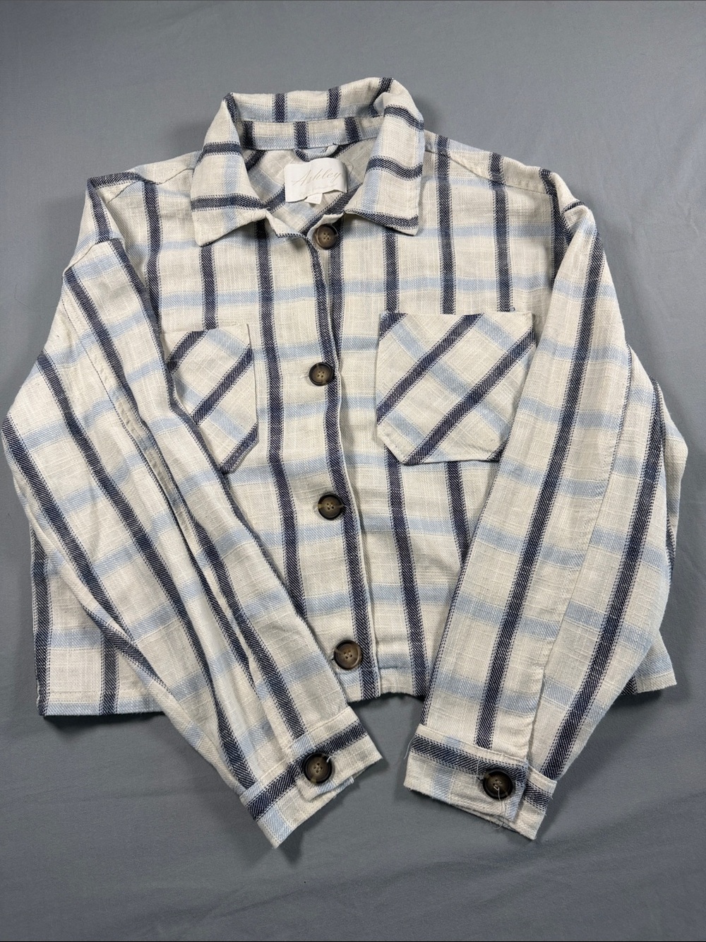 Ashley by 26 inteLight Blue Plaid cropped Button-Up  light weight Shacket